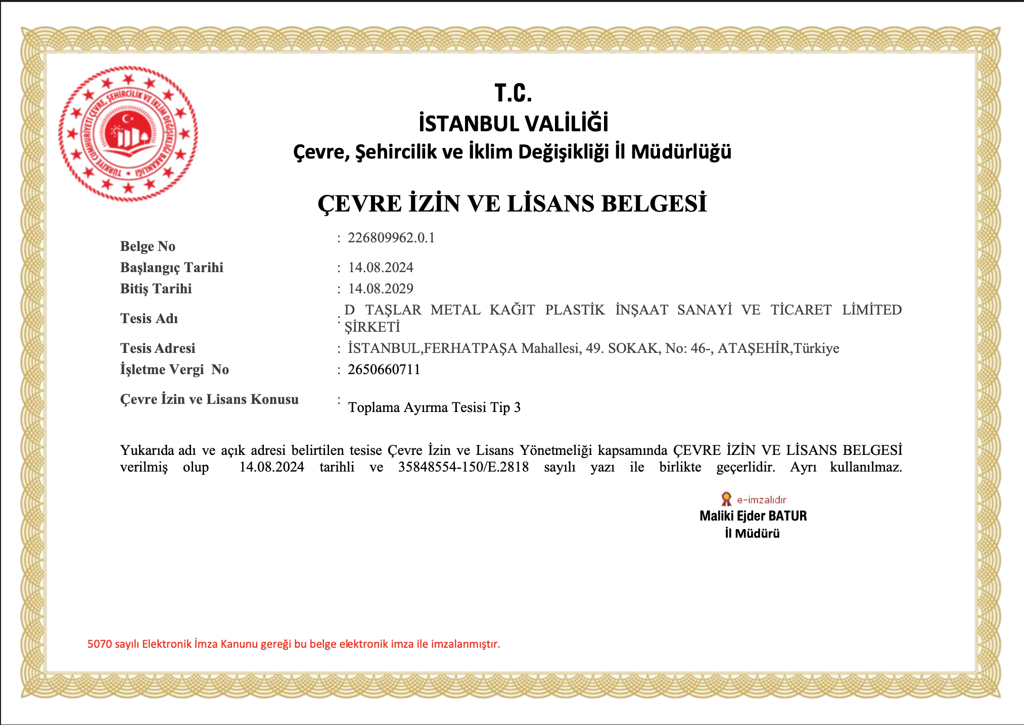 D Taşlar Çevre İzin ve Lisans Belgesi